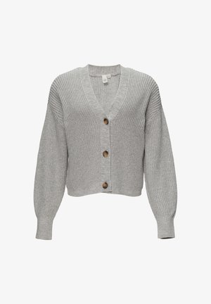 Cardigan grigio lavorato a maglia con scollo a V, maniche lunghe e cinque grandi bottoni marroni sul davanti. Tessuto strutturato con una vestibilità rilassata.
