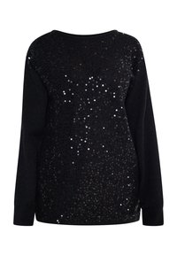 Schwarzer Pullover mit einem gepaarten Vorderteil aus Pailletten in unterschiedlichen Größen, langen Ärmeln und einem gerippten Kragen sowie Bündchen. Weiche Textur.