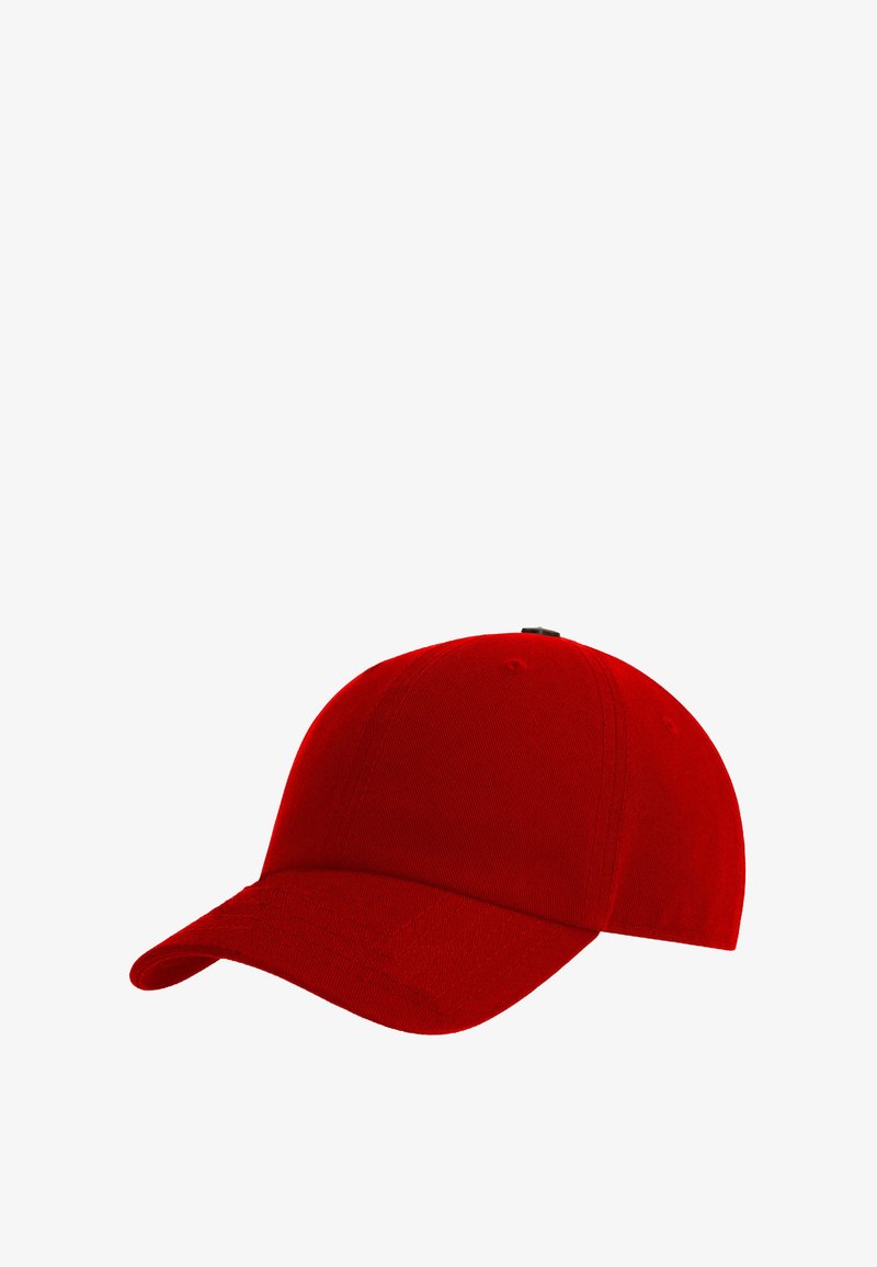 Rote Baseballmütze aus Stoff mit strukturiertem Oberteil und gebogenem Schirm. Verfügt über sechs Belüftungsöffnungen und einen verstellbaren Hinterriemen.