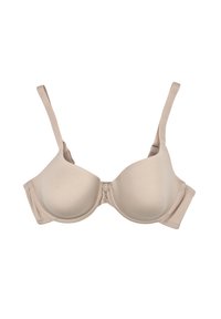 Sostén beige sin costuras con copas moldeadas, tirantes ajustables y un cierre frontal que presenta un detalle decorativo de botón. Textura suave en general.