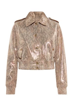 Metallic roseguld cropped jakke med et skindsnake mønster, der har en krave, guldknapper og ribbede manchetter.