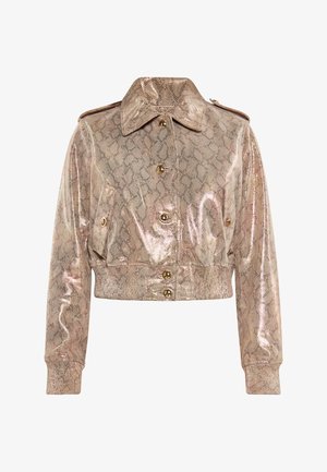 Metallic rose gold cropped jacket with a snake skin pattern, featuring a collared neck, gold buttons, and ribbed cuffs.