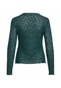 Haut en dentelle à manches longues vert foncé avec motif floral, tissu transparent et bords festonnés aux poignets et à l’ourlet, vu de dos.
