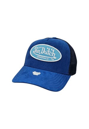 Blue cap with a structured front, black mesh back, embroidered "Von Dutch" logo in white and light blue, flat brim with stitching detail.