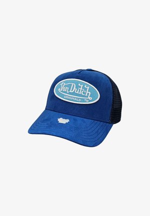 Modrá kšiltovka se strukturovanou přední částí, černý síťovaný zadní díl, vyšívané logo "Von Dutch" v bílé a světle modré barvě, plochý kšilt se švadlenou detailní úpravou.