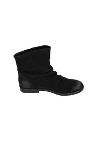 Schwarze Knöchelstiefel aus weichem Wildleder mit einem lässigen Design, runder Spitze und niedriger Gummisohle für Komfort und Flexibilität.