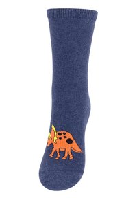 Calzini blu navy realizzati in tessuto morbido, con una grafica di un dinosauro arancione con macchie nere e accenti gialli sul lato.