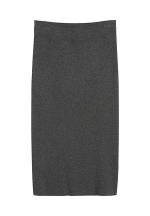 Grijze, knie-lange kokerrok gemaakt van een zachte, elastische stof met een gladde textuur en een elastische tailleband voor comfort.