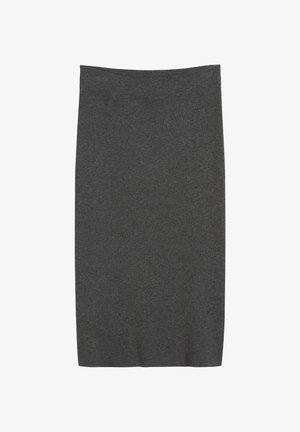 Grijze, knie-lange kokerrok gemaakt van een zachte, elastische stof met een gladde textuur en een elastische tailleband voor comfort.