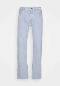 Pantalones de hombre de pierna recta con rayas verticales azules y blancas, con botón frontal y bolsillos sobre un fondo blanco.