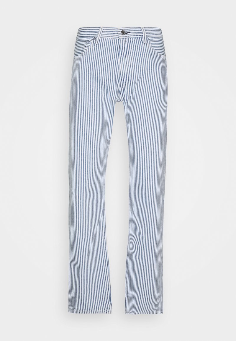 Pantalones de hombre de pierna recta con rayas verticales azules y blancas, con botón frontal y bolsillos sobre un fondo blanco.