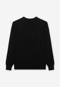 Maglione nero a maniche lunghe, collo rotondo, polsini e orlo a coste, texture liscia, design semplice, senza motivi o decorazioni visibili.