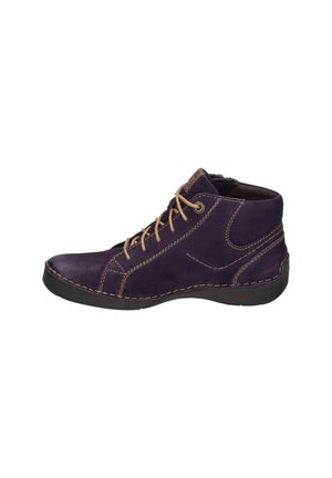Purple leather ankle boot with rounded toe, contrasting brown stitching, and beige laces. Features a textured finish and rubber sole.