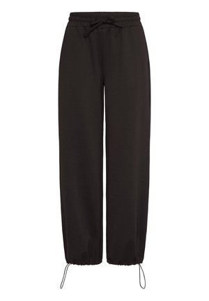 Schwarze Sweatpants mit weitem Bein, elastischem Bund, Kordelzug an Taille und Knöcheln sowie lockerer Passform.