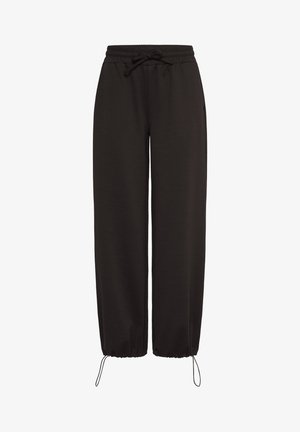 Schwarze Sweatpants mit weitem Bein, elastischem Bund, Kordelzug an Taille und Knöcheln sowie lockerer Passform.