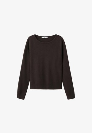 Dunkelbrauner Langarmpullover mit Rundhalsausschnitt, einfacher Strickstruktur und geradem Saum, auf einem weißen Hintergrund flach ausgelegt.