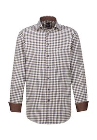 Camicetta a quadri marroni e bianchi con maniche lunghe, chiusura a bottoni e polsini marroni a contrasto. Dettaglio del logo sul petto. Tessuto di cotone.