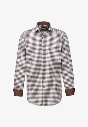 Camicetta a quadri marroni e bianchi con maniche lunghe, chiusura a bottoni e polsini marroni a contrasto. Dettaglio del logo sul petto. Tessuto di cotone.