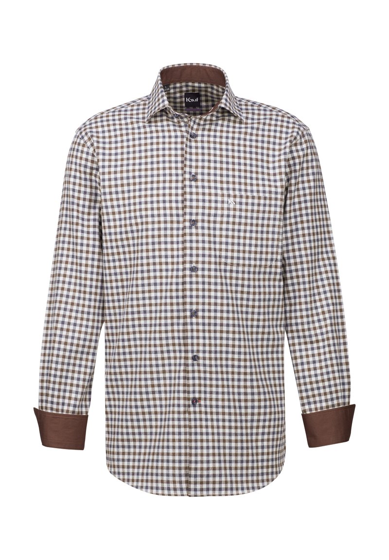 Camicetta a quadri marroni e bianchi con maniche lunghe, chiusura a bottoni e polsini marroni a contrasto. Dettaglio del logo sul petto. Tessuto di cotone.