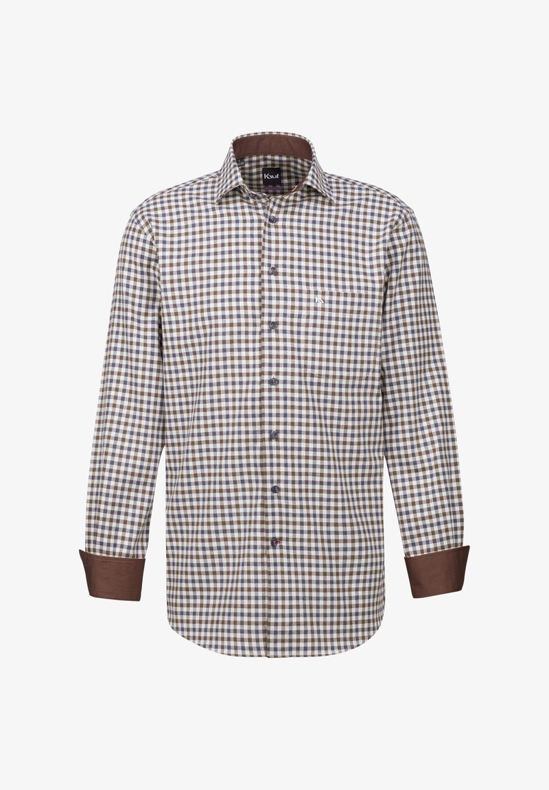 Camicetta a quadri marroni e bianchi con maniche lunghe, chiusura a bottoni e polsini marroni a contrasto. Dettaglio del logo sul petto. Tessuto di cotone.