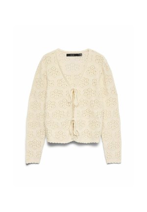 Crème kleurige gehaakte cardigan met lange mouwen, V-hals en twee voorste striksluitingen met bloemenpatroon gaatjes.