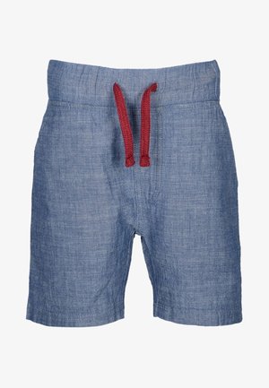 Pantaloni corti in lino blu con una superficie testurizzata, caratterizzati da un cordino rosso e una cintura elastica. Design casual, a lunghezza ginocchio.