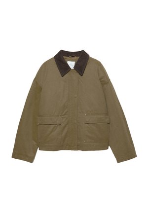Veste khaki avec un col en velours côtelé marron, deux poches avant et une coupe décontractée. Le matériau semble robuste avec une texture lisse.