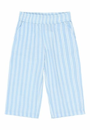 Kék és fehér csíkos culotte nadrág széles lábakkal, elasztikus derékkal és oldalsó zsebekkel. Könnyű anyagból készült, puha tapintással.
