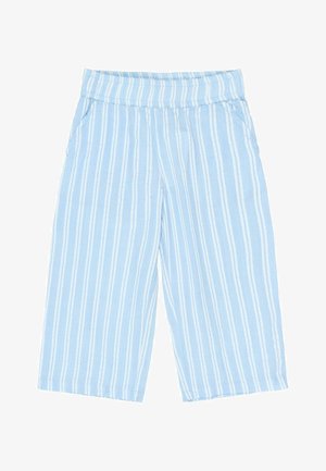 Blå og hvide stribede culottebukser med vidde ben, elastisk talje og sidelommer. Lavet af letvægtsstof med en blød tekstur.