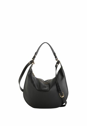 Bolso de mano de cuero negro en forma de media luna con correa de hombro ajustable y detalles de hebilla dorada, con compartimento principal con cremallera.