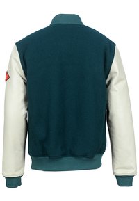 Männliche Bomberjacke mit einem dunkelgrünen Wollkörper und cremefarbenen Lederärmeln. Mit einem gerippten Kragen und Bündchen sowie einem Patch am linken Ärmel.