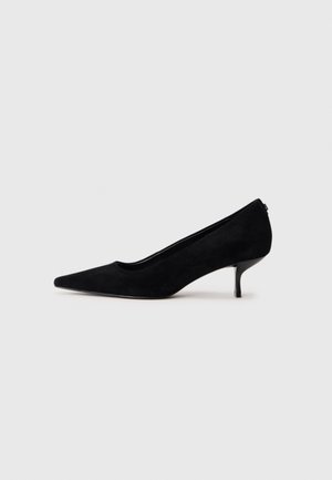 Black suede high heel shoe with a pointed toe and a slim, low heel. Smooth texture with a sleek design, featuring no visible hardware.