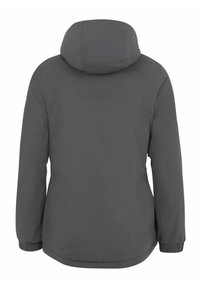 Graue wasserdichte Jacke mit Kapuze, elastischen Bündchen und glatter Textur. Verfügt über ein einfaches Design ohne sichtbare Logos oder Muster.