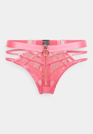 Pink blonder og mesh g-streng med en frontlynlås, der har stropdetaljer og en rund metal detalje, designet til en moderne æstetik.