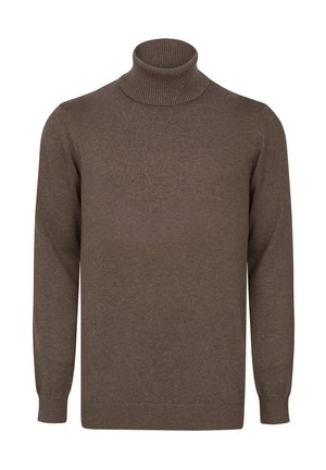 Suéter marrón de cuello alto hecho de una tela suave, con mangas largas, cuello acanalado, puños y bajo, con una textura lisa y un corte ajustado.