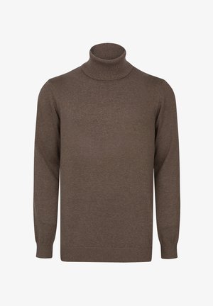 Brown turtleneck sweater made of soft fabric, featuring long sleeves, ribbed collar, cuffs, and hem, with a smooth texture and fitted silhouette.