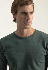 Suéter de mangas largas verde oscuro hecho de una tela suave y texturizada. Presenta un cuello redondo y un pequeño detalle de logo en el pecho.