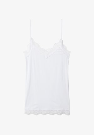 White camisole with delicate lace accents along the neckline and hem, featuring adjustable thin straps and a smooth fabric texture.