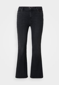 Sorte utsvingte jeans laget av denim med høy midje, med to frontlommer og knappeåpning. Glatt tekstur.