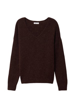 Pull à col en V marron foncé à poils, manches longues avec poignets et ourlet côtelés, présenté sur un fond blanc.