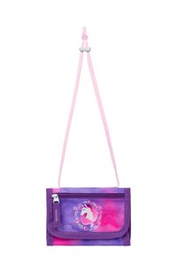 Borsa a tracolla viola e rosa con design di unicorno, dotata di chiusura a zip, tessuto testurizzato e tracolla rosa regolabile.