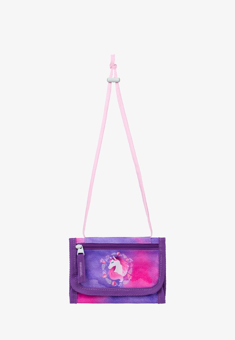 Borsa a tracolla viola e rosa con design di unicorno, dotata di chiusura a zip, tessuto testurizzato e tracolla rosa regolabile.