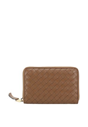 Woven leather wallet in brown, rectangular shape with zip closure, featuring a textured surface and a subtle sheen. Hardware accents in gold.