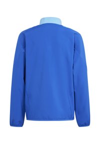 Blau leichte Jacke mit einem kontrastierenden hellblauen Kragen, langen Ärmeln und glatter Textur. Hat eine lockere Passform und keine sichtbaren Verschlüsse.
