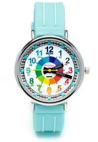 Montre en quartz colorée avec un cadran blanc, des repères d'heure colorés et un bracelet en silicone bleu. Remarquable pour son affichage à double fonction pour l'heure.