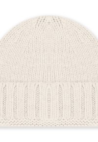 Berretto a maglia in beige chiaro. Presenta una texture a coste e una vestibilità aderente. Tessuto morbido con una finitura liscia e dettagli di cucitura ridotti alla base.