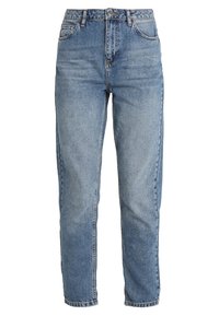 Hellblaue High-Waist-Jeans mit geradem Bein, fünf Taschen und minimaler Ausbleichung. Hergestellt aus Denim mit einer glatten Textur.
