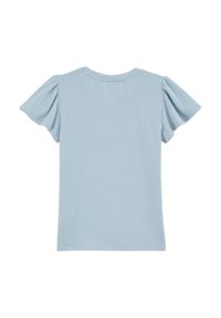 Tricou bleumarin deschis cu manșete scurte tip puff și decolteu rotund, având un material texturat și dungi verticale.