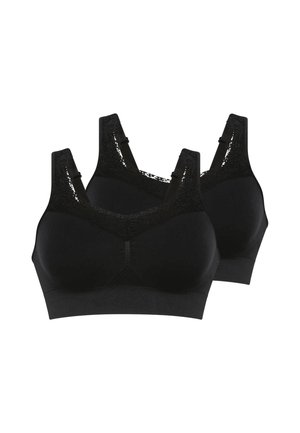 Due reggiseni neri senza ferretto con spalline larghe in pizzo e fascia senza cuciture su sfondo bianco.