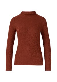 Haut à col roulé à manches longues de couleur rouille avec un motif léopard subtil et une silhouette ajustée sur un fond blanc.